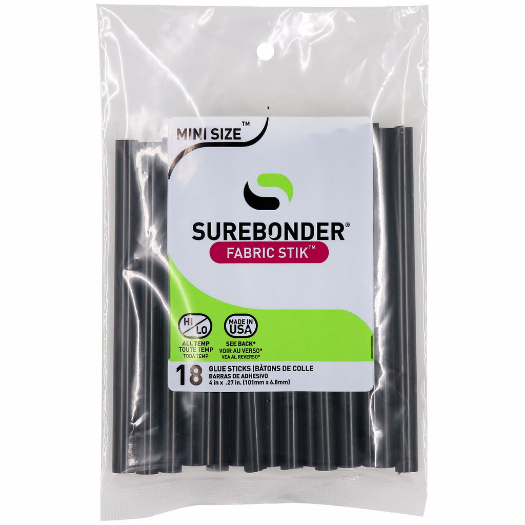 Surebonder black mini size hot glue sticks for fabric, 4 inches long, use with all temperatures, Made in USA, 18 pack