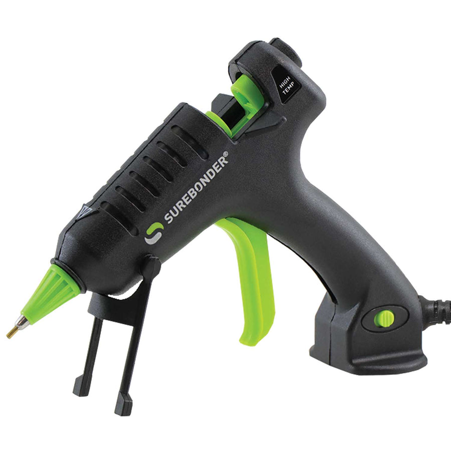 Surebonder's mini size hot glue gun with a fine tip for detail work, resting on a detachable stand, Specialty Series H-195F