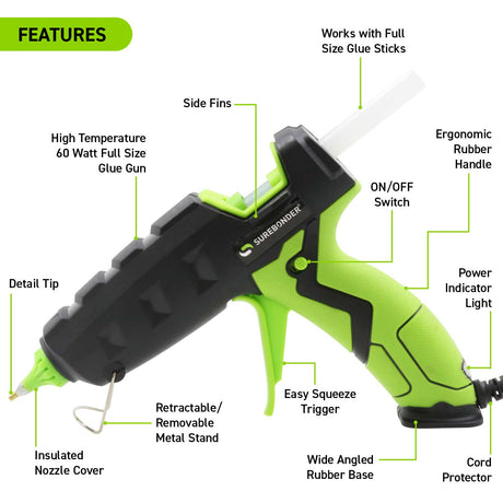 H-327F 60W High Temperature Full Size Detail Tip Hot Glue Gun