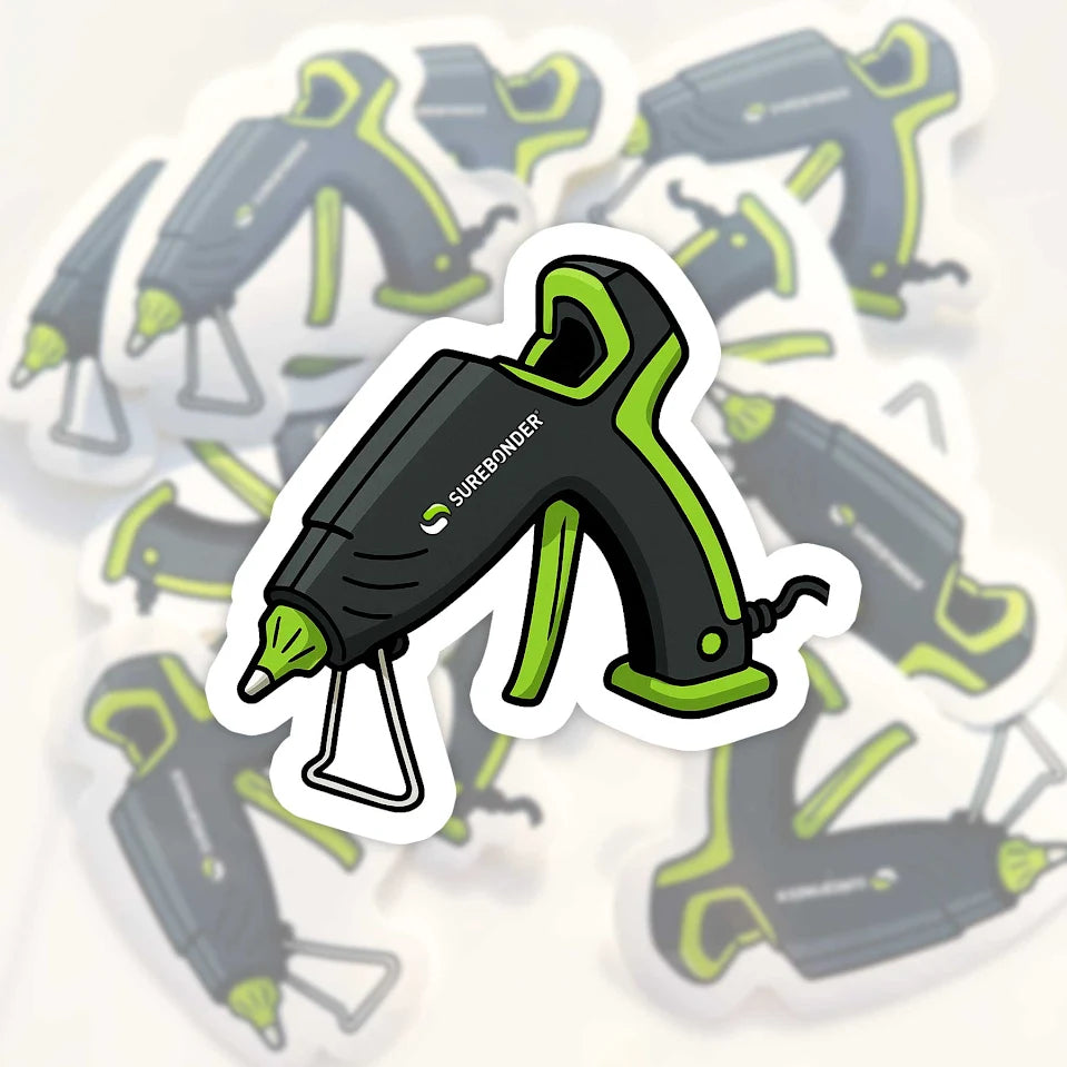 Sticker of a hot glue gun with 'Surebonder' branding on a white background
