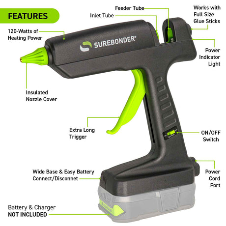 HYBRID-120 120 Watt Corded/18 Volt Lithium Ion Cordless Hybrid Professional Heavy Duty Full Size Hot Melt Glue Gun - Surebonder