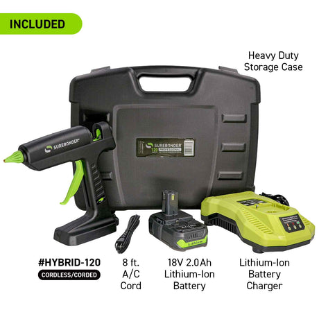 HYBRID-120KIT 120 Watt Corded/Cordless Hybrid Full Size Hot Melt Glue Gun - 18V Lithium-Ion Battery & Charger Included - Surebonder