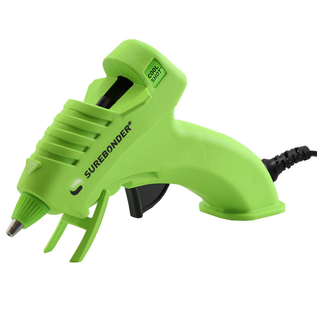 Surebonder's cool shot mini glue gun, in light green color, that dispenses low temperature glue for delicate projects