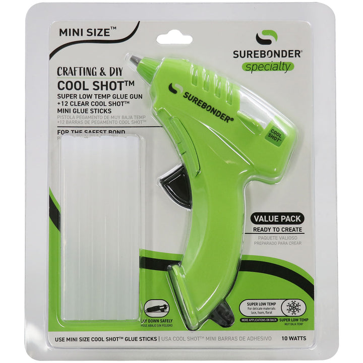 Surebonder's cool shot mini glue gun, in light green color, that dispenses low temperature glue for delicate projects