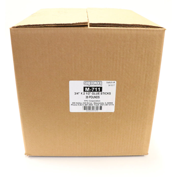M-711 Fast Set Packaging Adhesive Hot Melt Glue Sticks - 3/4" x 2-1/2" | 35 lb Box - Surebonder