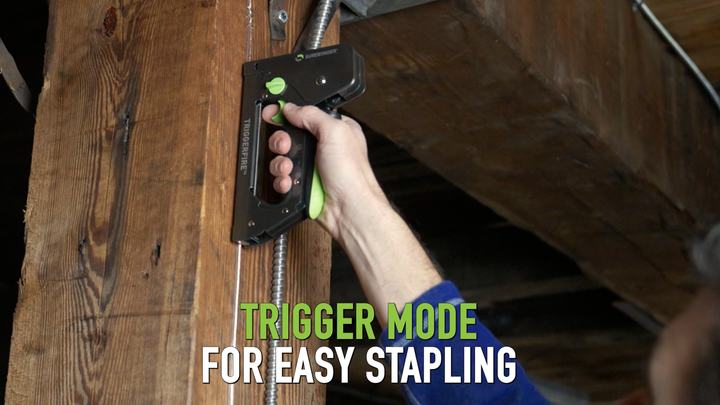 explaining product features of Surebonder's TriggerFire manual staple gun