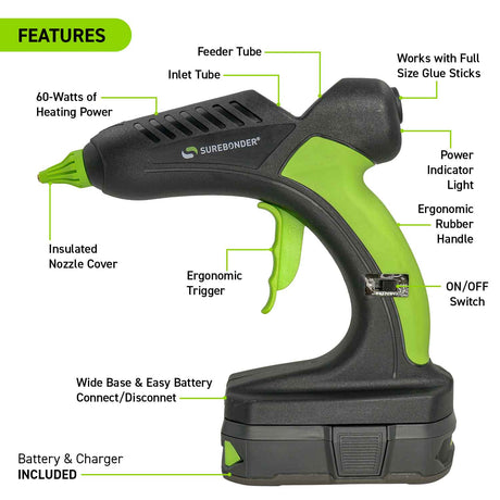 PRO2-60KIT 60 Watt Cordless Professional Heavy Duty Hot Melt Glue Gun Kit-Full Size-18V Lithium-Ion Battery & Charger Included - Surebonder