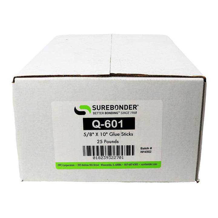 Q-601 Low Melt Packaging Glue Sticks - 5/8" x 10" | 25 lb Box - Surebonder