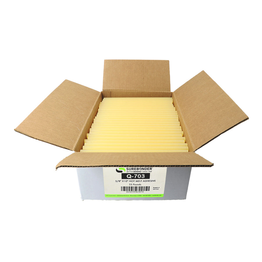 Q-862 Low Temp, Fast Set, Packaging Hot Melt Glue Sticks - 5/8 inch x 10 inch - 25 lbs - Amber
