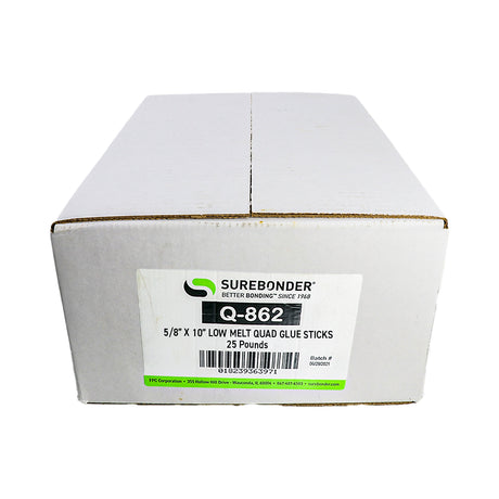 Q-862 Low Temperature Packaging Hot Melt Glue Sticks - 5/8" x 10" | 25 Lb Box - Surebonder