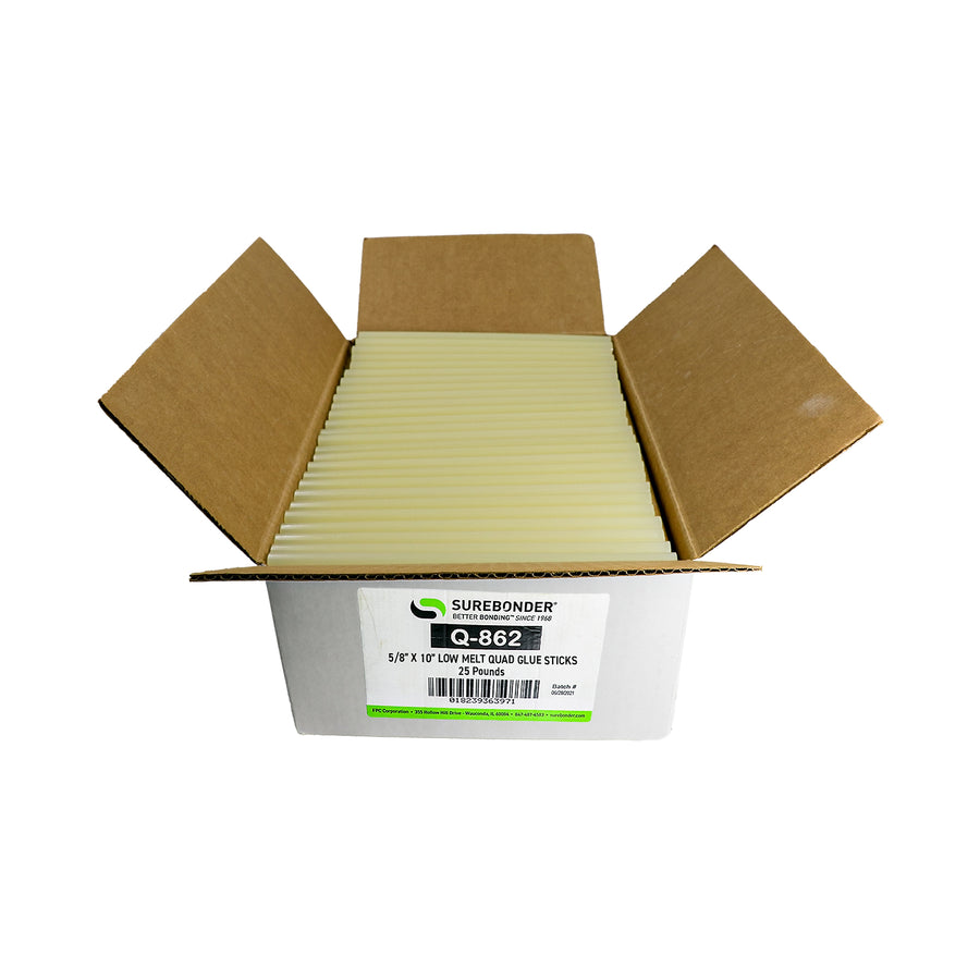 Q-862 Low Temperature Packaging Hot Melt Glue Sticks - 5/8" x 10" | 25 Lb Box