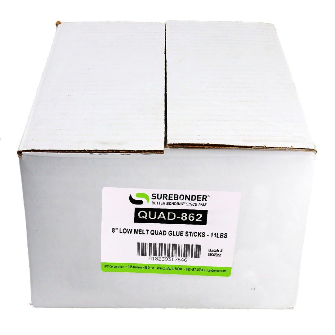 QUAD-862 Low Temperature Packaging Glue Sticks for 3M™ Quadrack Glue Guns - 5/8" x 8" | 11 lb Box - Surebonder