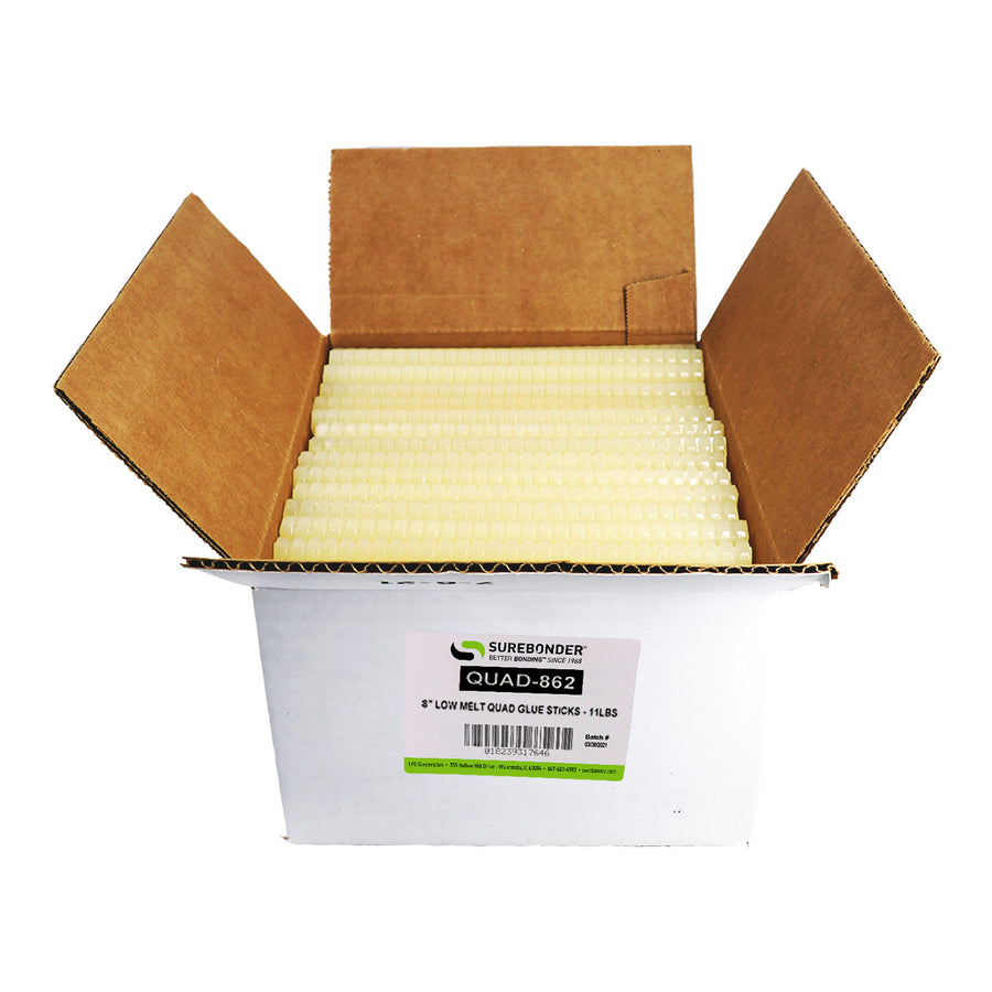 QUAD-862 Low Temperature Packaging Glue Sticks for 3M™ Quadrack Glue Guns - 5/8" x 8" | 11 lb Box