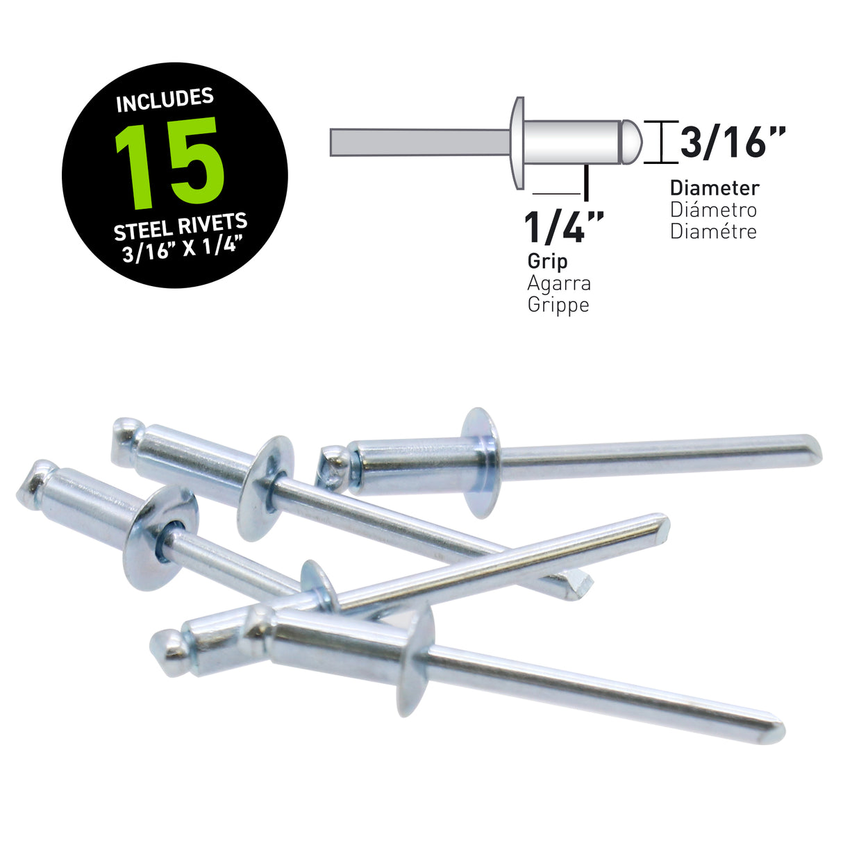 3/16" x 1/4" Steel Blind Rivets - 15 Count