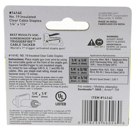 Insulated Cable Staples, Clear, 1/4" x 1/4", 300 Pack, No. 19 (1414C) - Surebonder