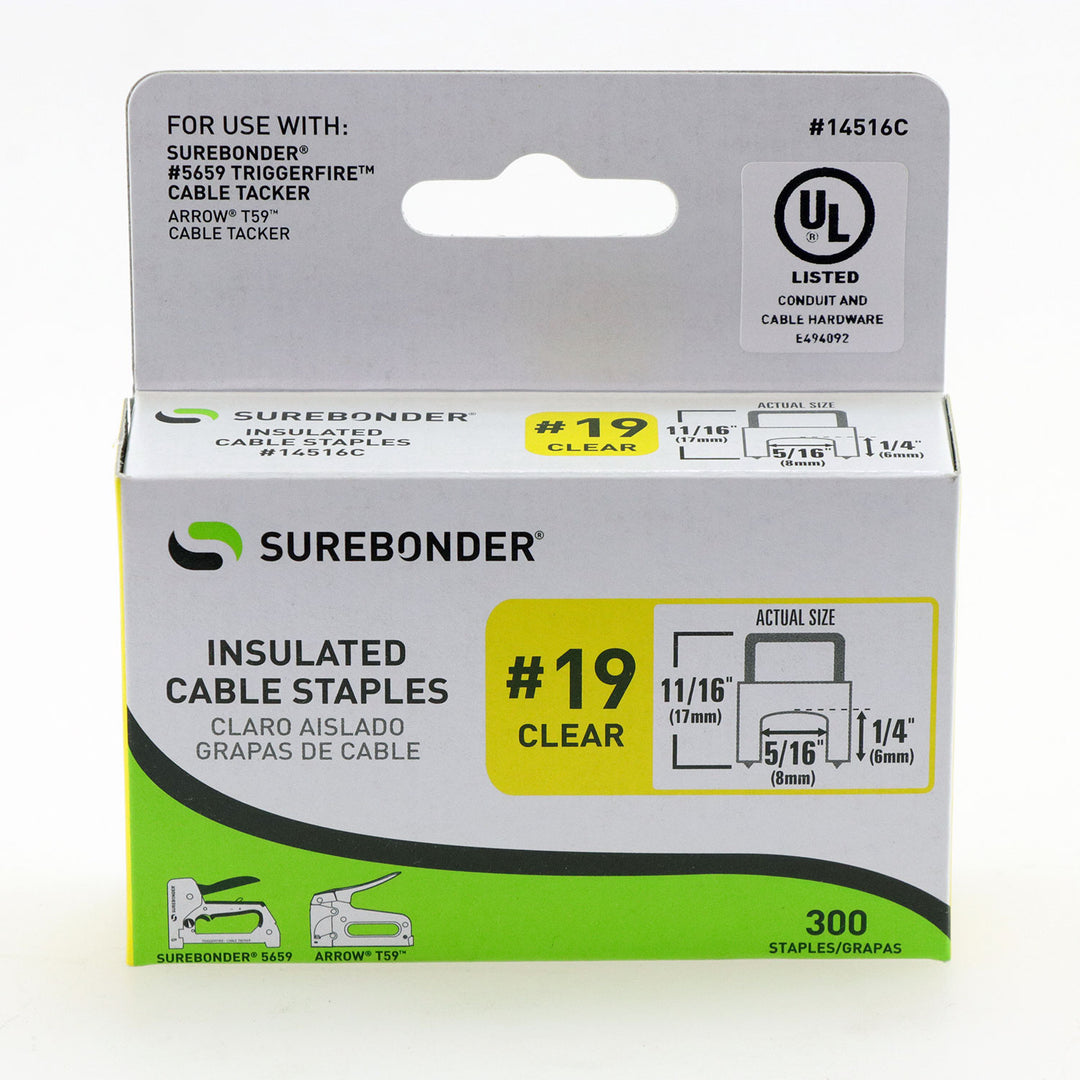 Insulated Cable Staples, Clear, 1/4" x 5/16", 300 Pack, No. 19 (14516C) - Surebonder