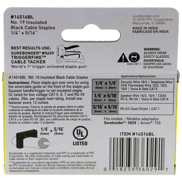 Insulated Cable Staples, Black, 1/4" x 5/16", 300 Pack, No. 19 (14516BL) - Surebonder