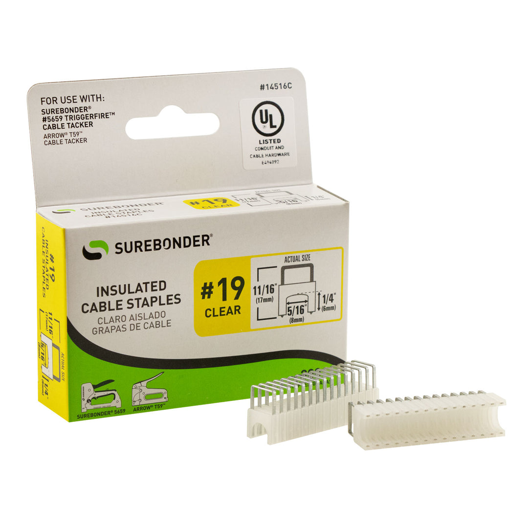 Insulated Cable Staples, Clear, 1/4" x 5/16", 300 Pack, No. 19 (14516C)