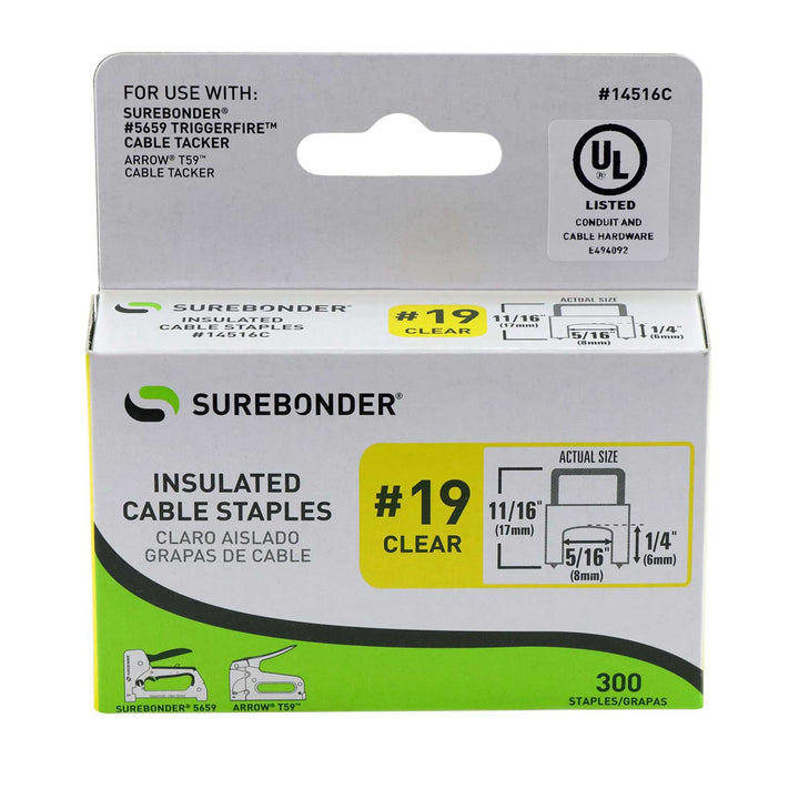 Insulated Cable Staples, Clear, 1/4" x 5/16", 300 Pack, No. 19 (14516C) - Surebonder