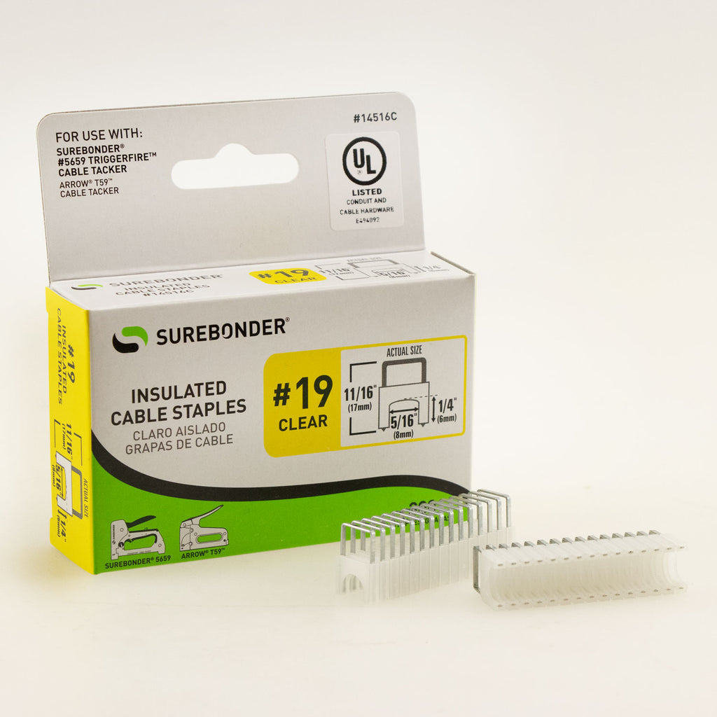 Insulated Cable Staples, Clear, 1/4" x 5/16", 300 Pack, No. 19 (14516C)