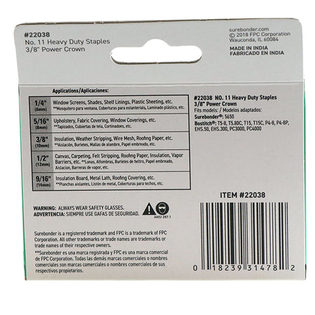 #11 Power Crown Staples - 3/8"  - 1000 ct. - Surebonder