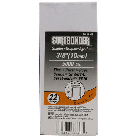300-38-5M Narrow Crown 22 Gauge Upholstery Staples - 3/8" Length - 5000 Count - Surebonder