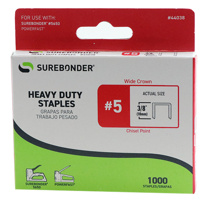 Surebonder Heavy Duty Staples with a wide crown width of 1/2" and 3/8" leg length in a pack of 1,000 staples.  