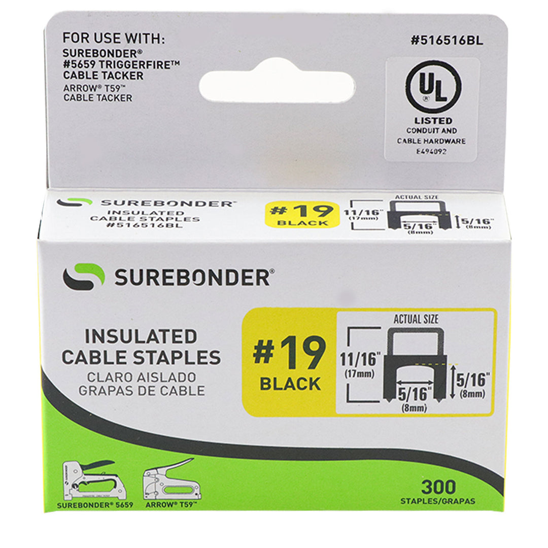 Insulated Cable Staples, Black, 5/16" x 5/16", 300 Pack, No. 19 (516516BL) - Surebonder