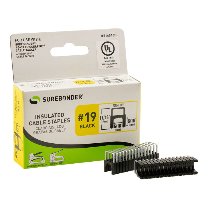 Insulated Cable Staples, Black, 5/16" x 5/16", 300 Pack, No. 19 (516516BL)