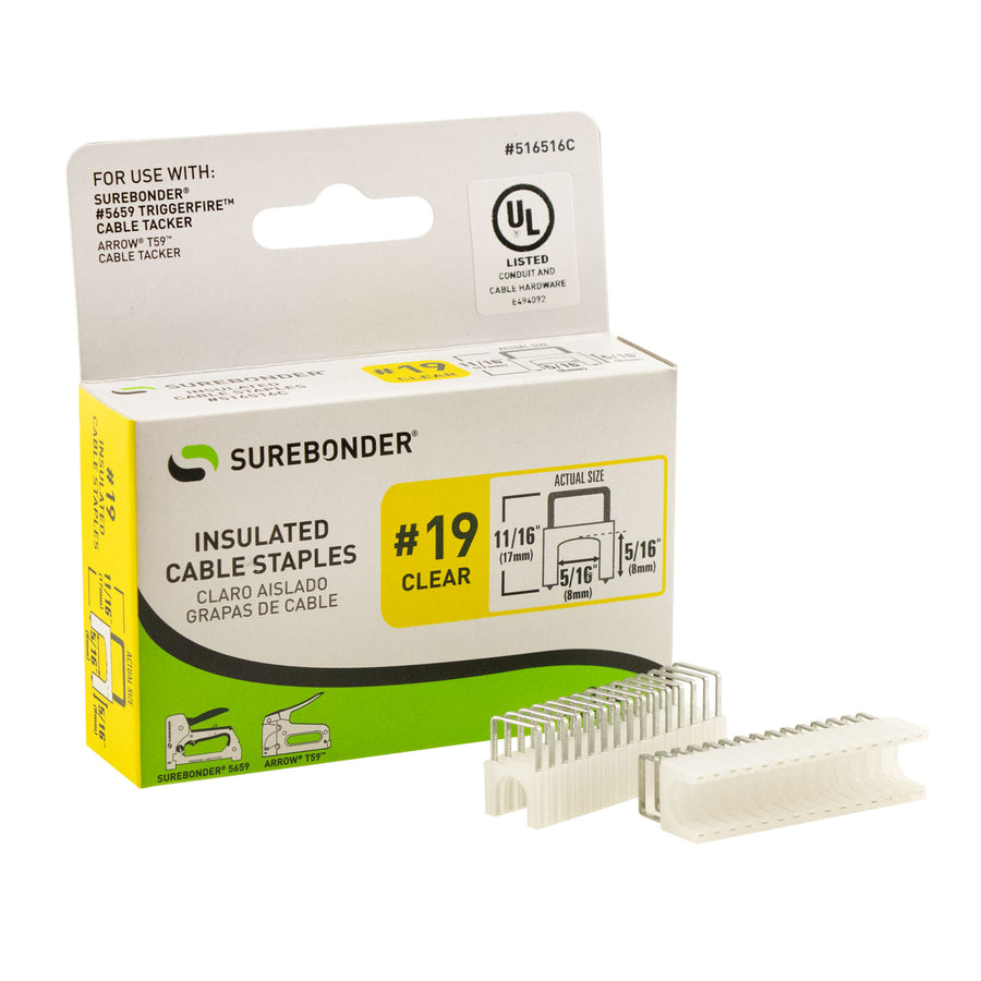 Insulated Cable Staples, Clear, 5/16" x 5/16", 300 Pack, No. 19 (516516C)