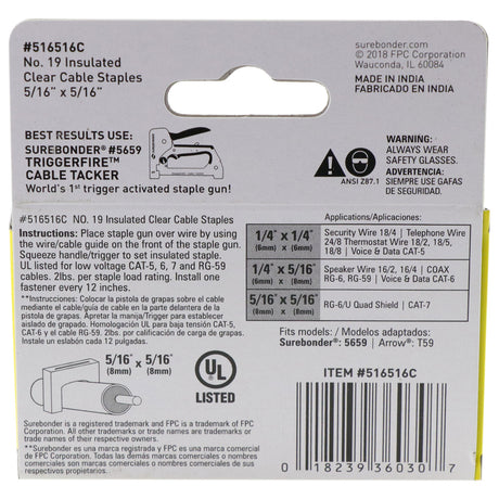 Insulated Cable Staples, Clear, 5/16" x 5/16", 300 Pack, No. 19 (516516C) - Surebonder