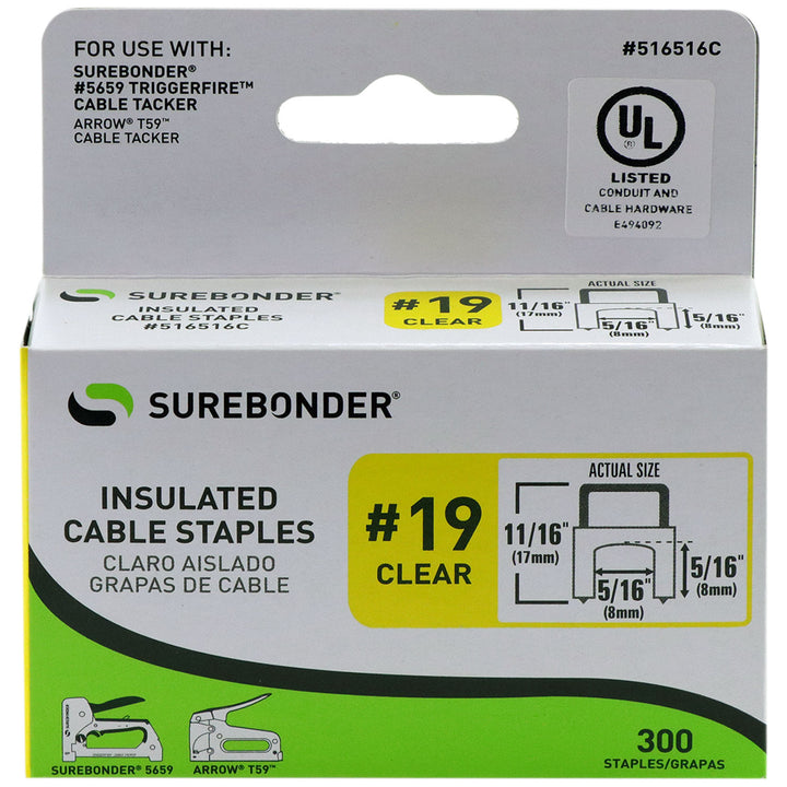Insulated Cable Staples, Clear, 5/16" x 5/16", 300 Pack, No. 19 (516516C) - Surebonder
