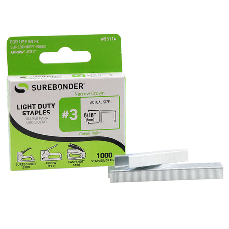 #3 Light Duty 5/16" Narrow Crown Staples - 1000 ct. - Surebonder