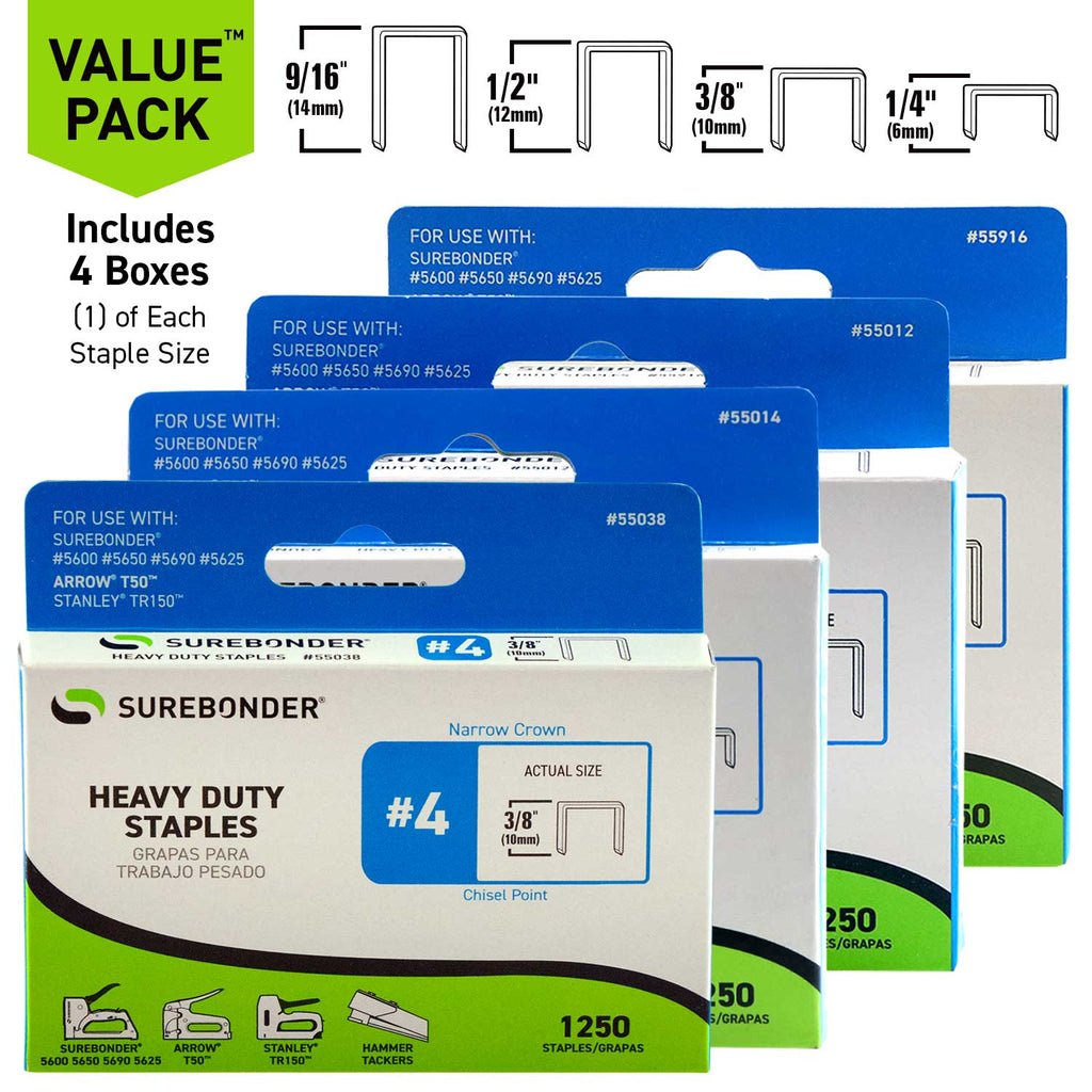 Surebonder 5,000 variety pack of staples, sizes include 1/4-in, 3/8-in, 1/2-in, 9/16-in