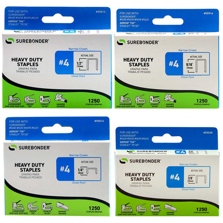 Heavy Duty Narrow Crown Staples #4 - T50 style, 1/4", 3/8", 1/2", 9/16" (55999) - Surebonder
