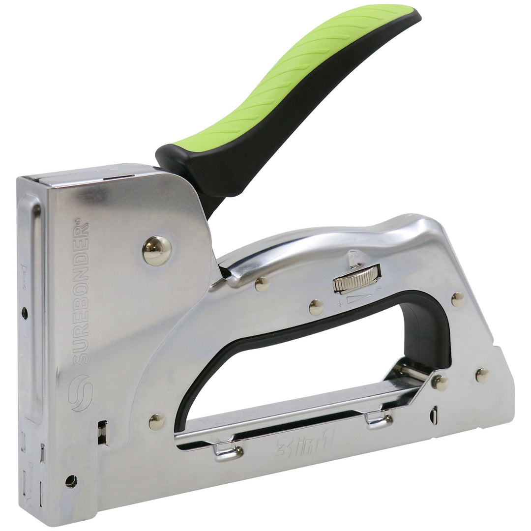Surebonder 3-in-1 staple gun, cushioned green handle, steel construction, drives narrow crown staples, brads and pin nails