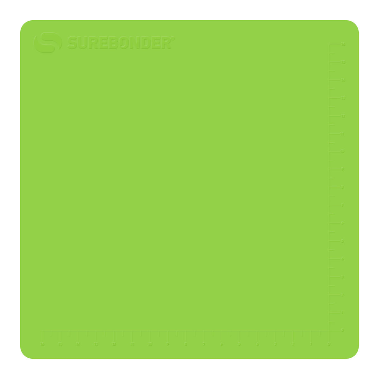 Hot glue gun hovers over a large green Surebonder silicone pad, measures 19 inches by 19 inches