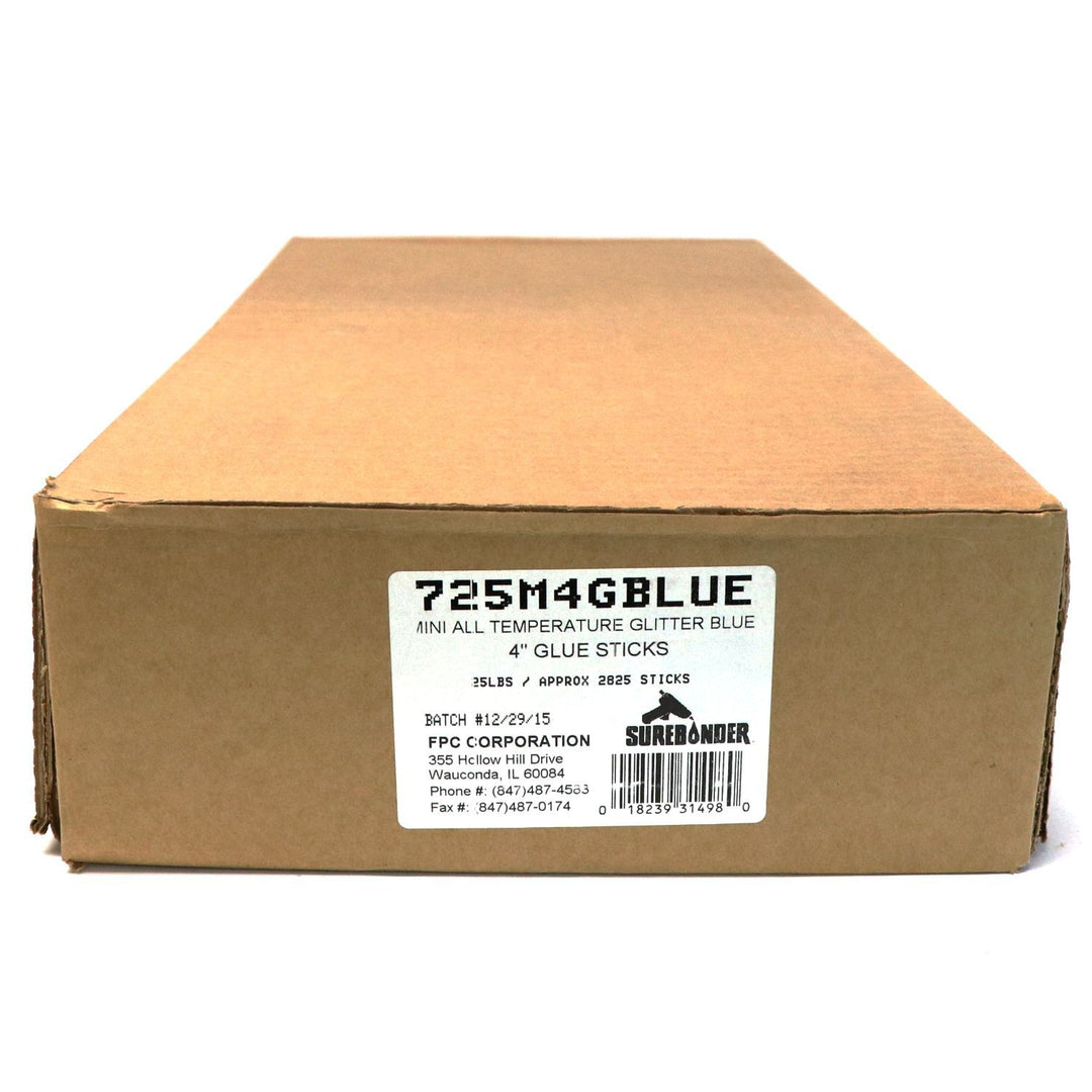 725M4GBLUE Mini Size 4" Blue Color Glitter Hot Glue Stick - 25 lb Box - Surebonder