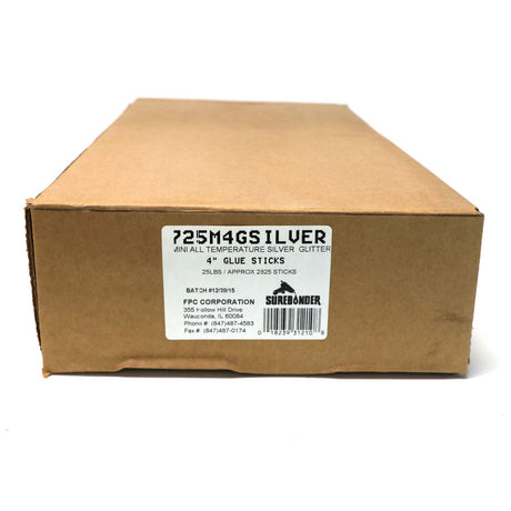 725M4GSILVER Mini Size 4" Silver Color Glitter Hot Glue Stick - 25 lb Box - Surebonder
