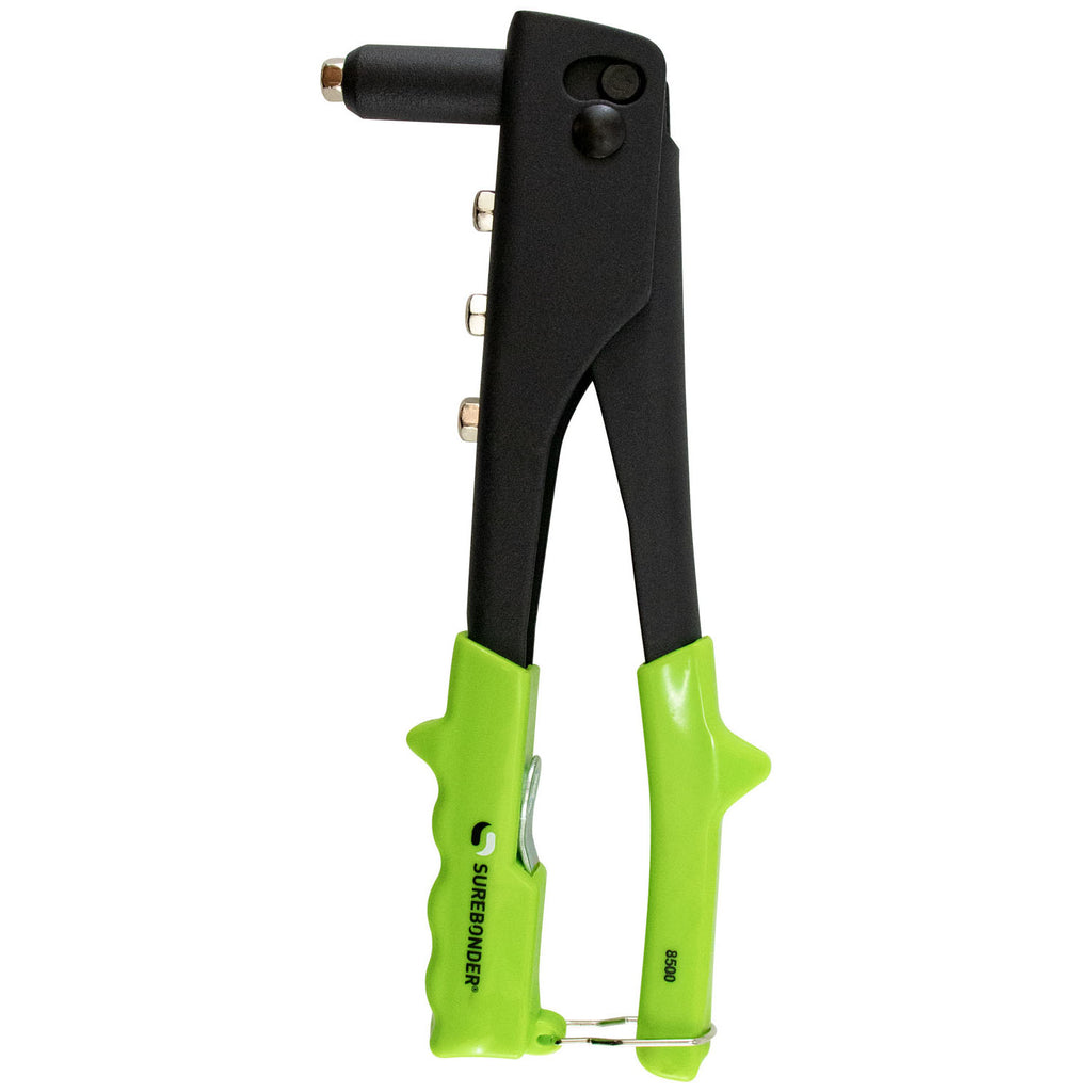 Surebonder light duty rivet tool with slim nose in green color, steel construction, spring loaded handle