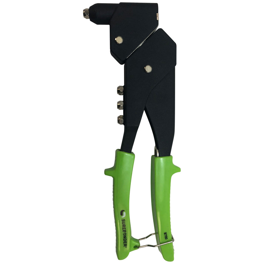 Surebonder swivel head rivet tool, heavy duty, green handle, head rotates 360 degrees, steel construction