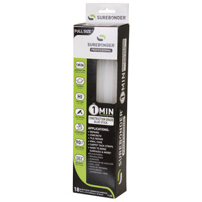 Surebonder construction professional grade hot melt glue sticks, full size 10 inches long, 18 pack, 1 minute working time