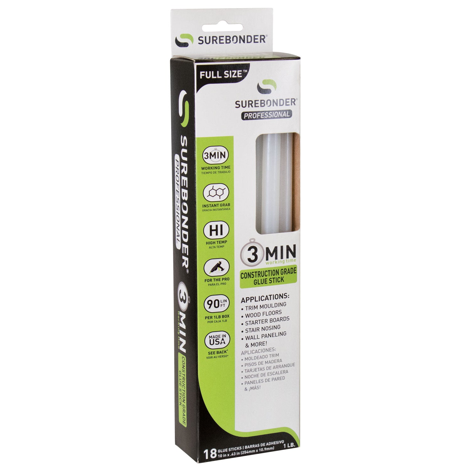 Surebonder construction professional grade hot melt glue sticks, full size 10 inches long, 18 pack, 3 minute working time