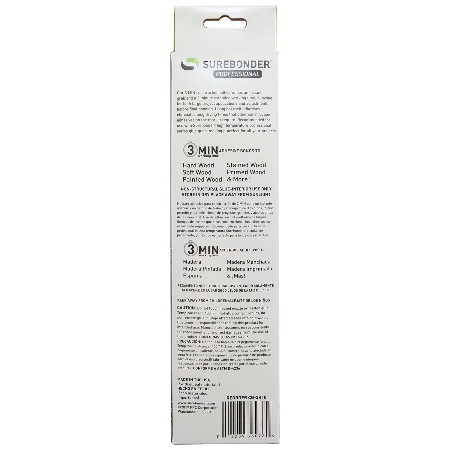 Construction Grade Adhesive Hot Melt Glue Sticks, Full Size 10" Length - 3 Minute Working Time (CG-3R10T) - Surebonder