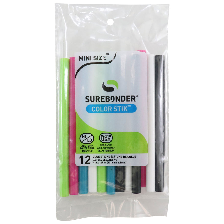 Surebonder Color Glue Sticks, Pack of 12, Blue, Green, Pink, Black and White, Mini Size 4", Made in USA, all temperatures