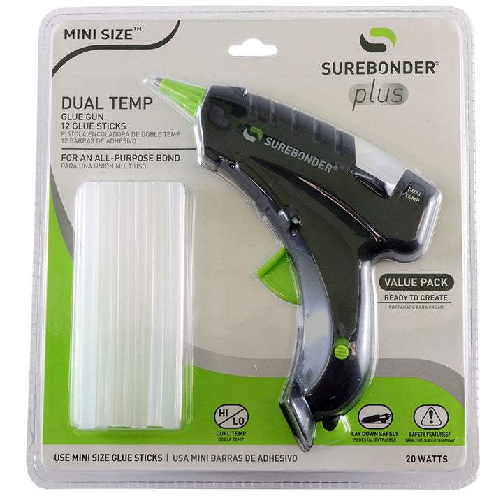 Package of Surebonder's 20-watt dual temperature, mini hot glue gun kit with 12 clear glue sticks, Plus Series DT-200FKIT
