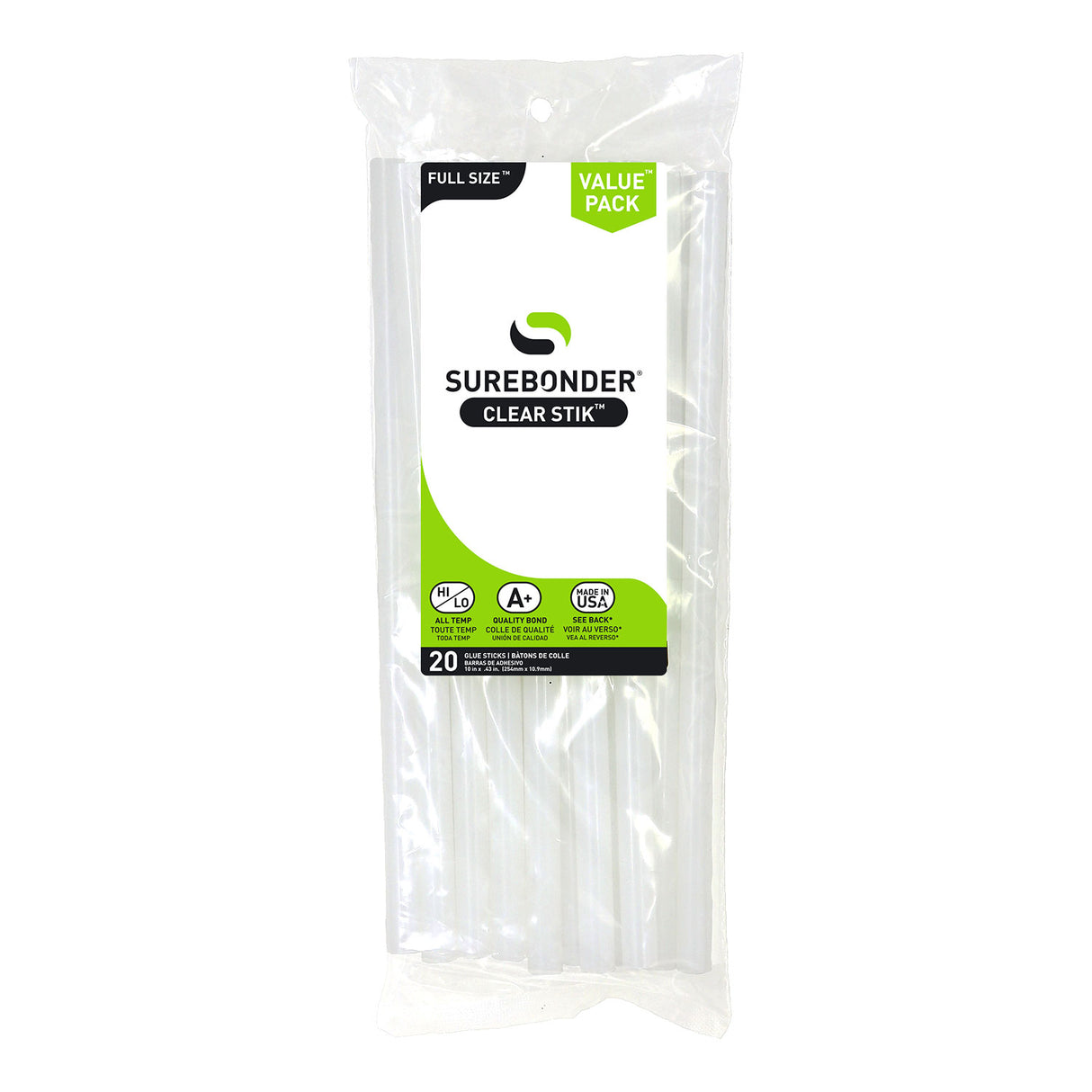 Surebonder clear full size hot glue sticks, 10 inches long, 7/16 inches diameter, 20 pack, Made in USA
