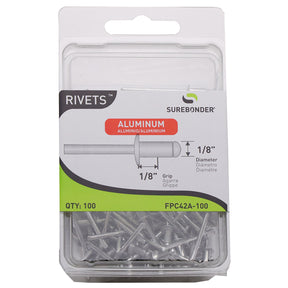 Surebonder 1/8 x 1/8 aluminum blind rivets for fastening thin metal, plastic, and fabric