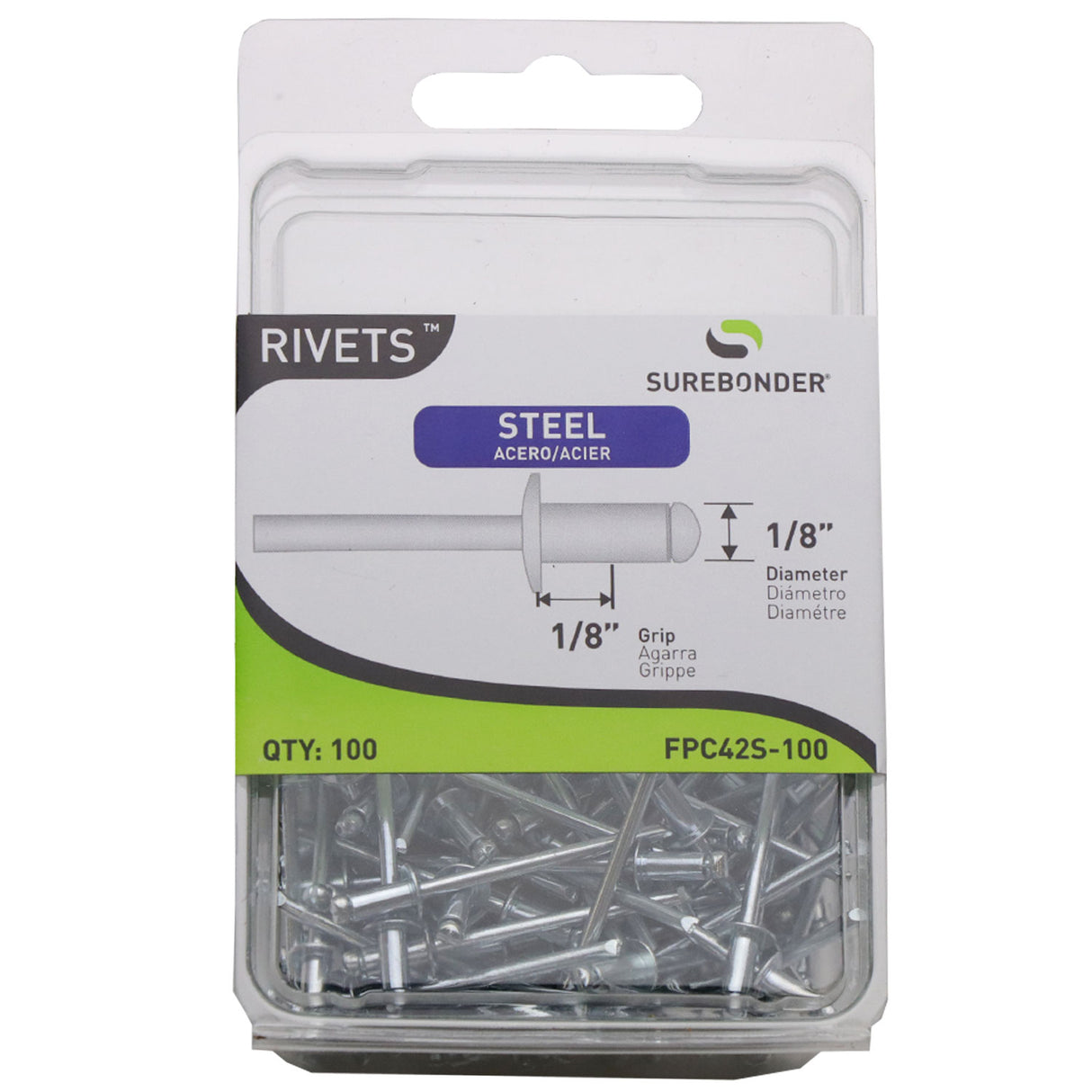 FPC42S-100 Short Steel Rivets - 1/8" Diameter, 1/8" Grip - 100 Count