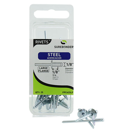 FPC42SLF Large Flange Short Steel Rivets - 1/8" Diameter, 1/8" Grip - 25 Count - Surebonder